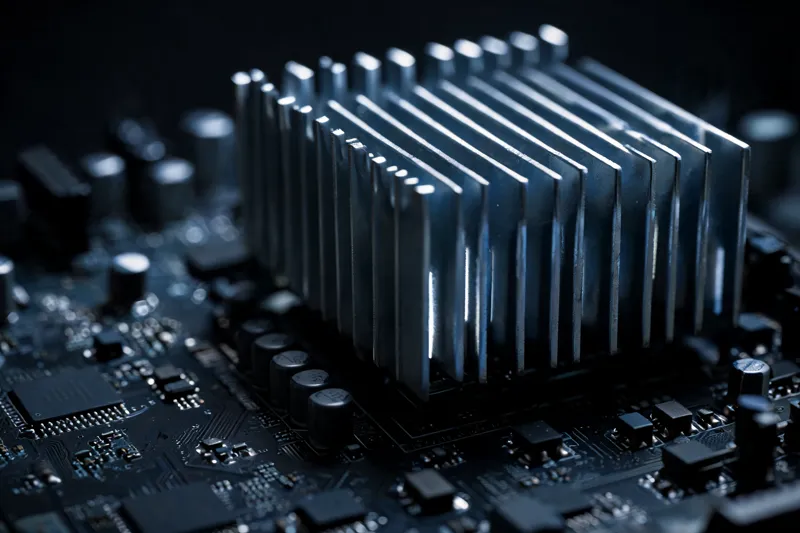 Close-up of a heatsink on a dark circuit board